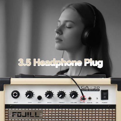 Fojill 20W Watt Electric Guitar Amplifier Amp Practice Small Portable Travel Mini Amp with 3.5 Headphone Jack Aux Distortion Gain Treble Bass Volume (Cream, 20W) - color: Cream