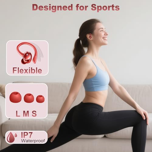 Hupoaf Wireless Earbuds Sport, NEW Bluetooth 5.4 Headphones with Earhooks, 50H Stereo Deep Bass Over Ear Buds with 4 ENC Noise Canceling Mics, IP7 Waterproof Earphones for Running Workout Gym -Red - color: A-Red