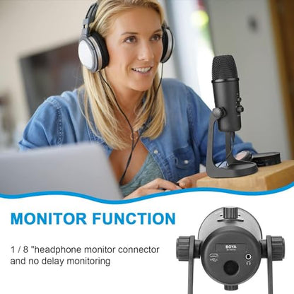 Boya BY-PM700 Multi-Pattern USB Microphone for Windows and Mac Computers with Headphone Output, Black