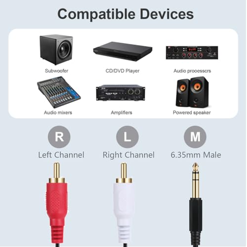 6.35mm Male to 2 RCA Stereo Audio Cable 2.6FT for Mixer Amp Speaker | 6.35mm 1/4 Inch TRS Male to 2 RCA Male Y Splitter Adapter Cord, 0.8M Stereo Audio Cable for Guitar, Amplifier, Home Theate
