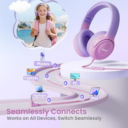 Acer Kids Headphones for School, 85-94dB Limiter, 3.5mm Jack, w/Mic HK03 | Foldable Wired Over Ear Headphones, for Toddler School/Travel/iPad/Tablet, Pink-Purple Gradient - color: Purple-Pink Gradient