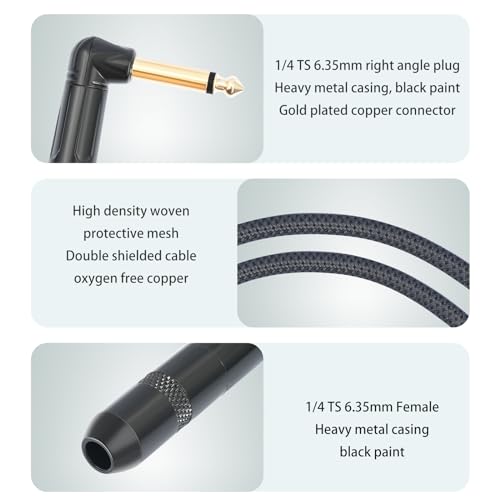 6FT 6.35mm Right Angle TS Male to 6.35mm 1/4 Inch TS Female Cable, 6.35mm 1/4 Mono Male to Female Connector for Bottom Plug Guitar/V-Shape Guitar/Front Facing Jack Guitar-1Pack - color: 6FT Grey*1
