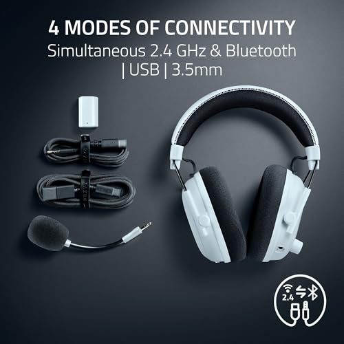Razer BlackShark V3 Pro Wireless ANC Gaming Headset for PC, 2.4 GHz, White | Full Band Mic, 50mm Drivers, Bluetooth, USB, 3.5mm, Works with Mac, PS5, Nintendo Switch, Smartphone, 70 Hr Battery - color: White, style: PC