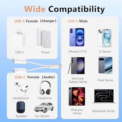 2 in 1 Usbc Splitter Aux and Charging Bundle [USB-c Splitter & USB C to 3.5mm Jack and Charger],PD 60W Fast Charging and Hi-Fi Audio,for iPhone 15 16 17/iPad Pro/Galaxy/Pixel