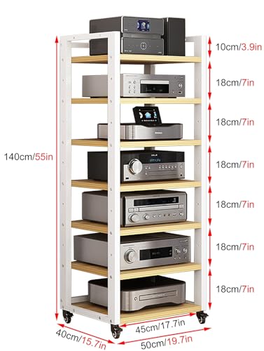 7 Tier Av Media Stand With Wheels, 55in Adjustable Audio Rack - color: White + Light Walnut