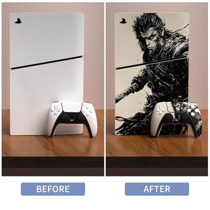 PlayVital Full Set Skin Sticker for ps5 Slim Console Disc Edition (The New Smaller Design), Vinyl Skin Decal Cover for ps5 Controller & Headset & Charging Station - Inkblade Wukong - color: Inkblade Wukong