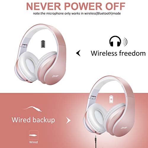 ZIHNIC Bluetooth Headphones Over-Ear, Foldable Wireless and Wired Stereo Headset Micro SD/TF, FM for Cell Phone,PC,Soft Earmuffs &Light Weight for Prolonged Wearing(Rose Gold) - color: Rose