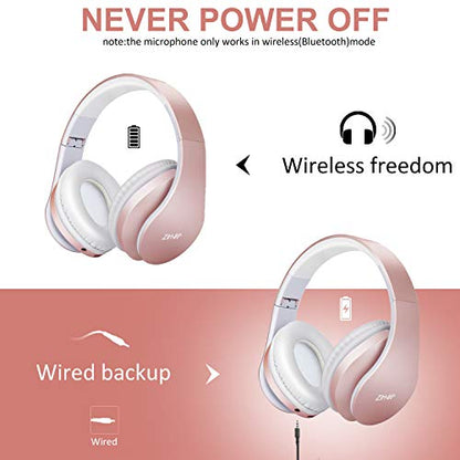 ZIHNIC Bluetooth Headphones Over-Ear, Foldable Wireless and Wired Stereo Headset Micro SD/TF, FM for Cell Phone,PC,Soft Earmuffs &Light Weight for Prolonged Wearing(Rose Gold) - color: Rose