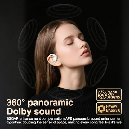 Open Ear Headphones,Silicone Ear Hanger,360-Degree Panoramic Sound,Air Conduction, LED Display,IPX7 Waterproof, Wireless Earbuds for Meeting, Driving,Traveling (Black)