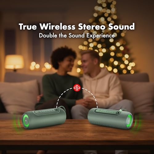 Fisher Portable Bluetooth Speakers IPX5 Waterproof Speaker, 14W Peak Power | Stereo Bluetooth Speaker, RGB Lights, TWS, BT 5.3, Built-in Mic, Hands Free Calling Speakers Bluetooth Wireless, Use Anywhere - color: Green
