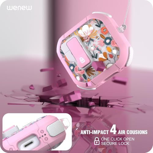 WENEW Case for AirPods 4th Case Cover Secure Lock Automatic Snap Switch Clip Cleaner Kit Lanyard Women Stylish Flower Armour Hard Shell Full Body Front LED Visible (Pink Flower, AirPods 4th) - color: Pink Flower, size: AirPods 4