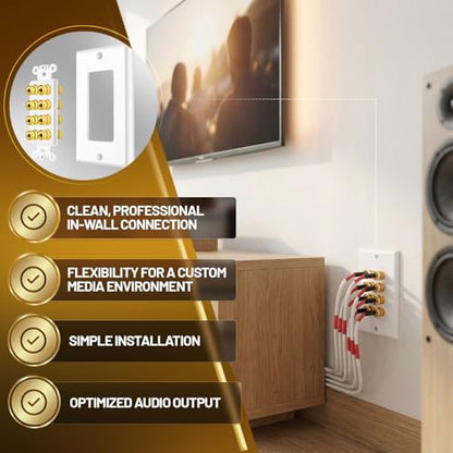TNP Speaker Wall Plate for 1 Speaker, Banana Plug, Single Gang, White | Speaker Wire Wall Outlet with Gold-Plated Binding Posts for Spades or Bare Wire; for Home Theater and Surround Sound Setups - size: 4-Speaker