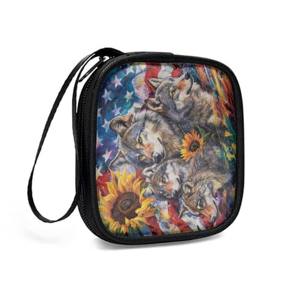 Universal Lightweight Portable Earphone Storage Bag Earbud Carrying Case Rectangle Small Hard Case for Wired Bluetooth Headset Charger - American Flag Wolf - color: American Flag Wolf Sunflower