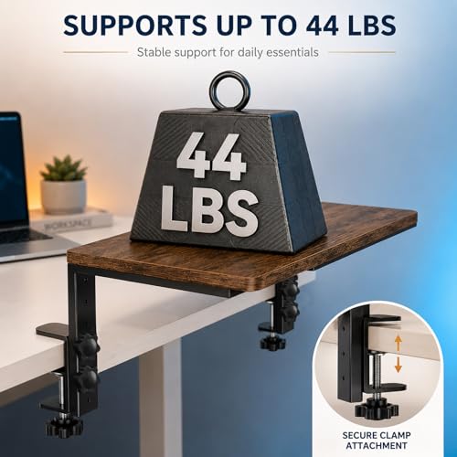 Clamp-On Desk Extender, 15 x 9.5 Inch Monitor Riser | Height options, No-drill setup, 3-in-1 use, 44 lb load, Office station, Gaming area, Brown finish - color: Brown
