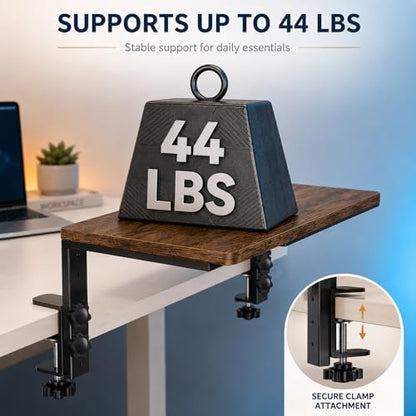 Clamp-On Desk Extender, 15 x 9.5 Inch Monitor Riser | Height options, No-drill setup, 3-in-1 use, 44 lb load, Office station, Gaming area, Brown finish - color: Brown