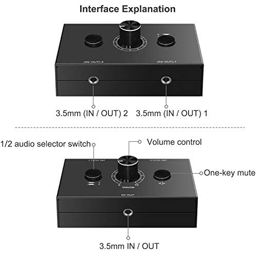 3.5mm Audio Switcher - 2 Input 1 Output / 1 Input 2 Output Audio Splitter, One-Key Mute Button, No External Power Required