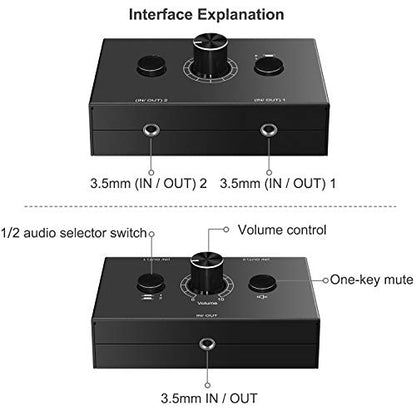 3.5mm Audio Switcher - 2 Input 1 Output / 1 Input 2 Output Audio Splitter, One-Key Mute Button, No External Power Required