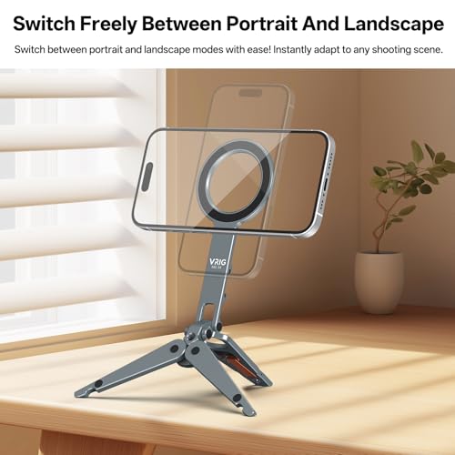 VRIG MG-34 Magnetic Tripod Stand for iPhone, Aluminium Alloy Foldable Phone Stand for Desk/Handheld, 1/4'' Screw Hole, Cold Shoe Mount and Hook, Compatible with iPhone 17 16 15 14 13 12 Series - size: MG-34 Tripod