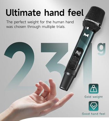 Wireless Microphone, Metal Dynamic Wireless Microphones with One-to-One Chip Connection and Rechargeable Receiver, 40H Duration, 200FT Range Receiving, Volume Control Karaoke Microphone for Singing