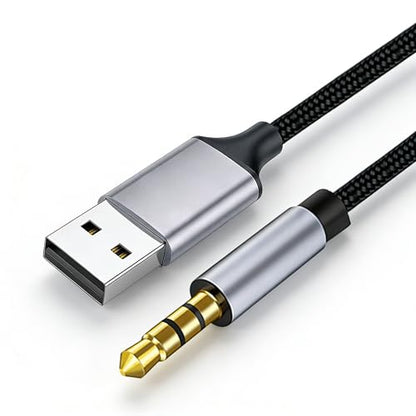 5 ft USB to 3.5mm Audio Cable with DAC Chip, USB Type A to 3.5mm Aux Cable for Desktop Laptop TV to Headphones Speakers Car Stereo, Nylon Braided, Gold-Plated Plug, Plug & Play, Noise Cancelling