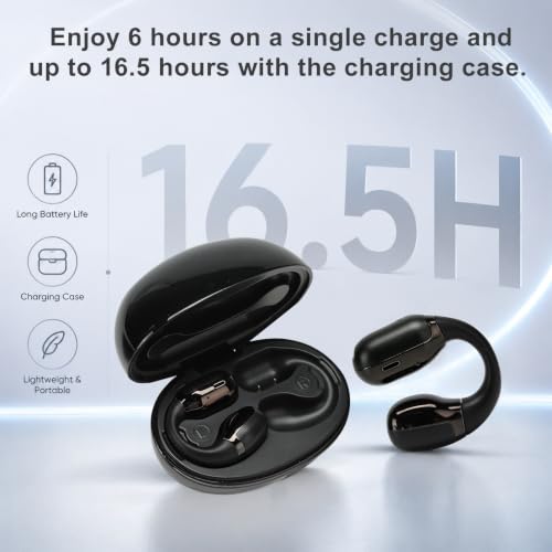 Open Ear Clip-On Earbuds, Bluetooth 5.4 Wireless Headphones IP65 Waterproof Lightweight 16H Playtime Touch Control Earphones Comfort Design for Small Ears&Glasses - color: Black