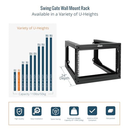 Tecmojo 6U Wall Mount Server Rack Swing Gate, Wall Mount Rack for 19in Computer/AV/Data/IT/Media Equipment, Open Frame Server Rack with 24in Depth, Square&Tapped Holes - size: 6U/24" Depth (New)