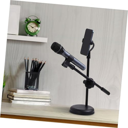 Luxshiny Desktop Mic Stand Adjustable Tabletop Microphone Stand with Mic Clip Holder Phone Clip Holder Metal Adapter Round Base for Home Recording Podcasting Broadcasting