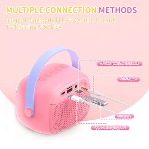 Mini Karaoke Machine with 2 Wireless Microphones for Kids Portable RGB Bluetooth Speaker Birthday Gift Toys for 3 4 5 6 7 8+ Year Old Girls Boys - color: Pink
