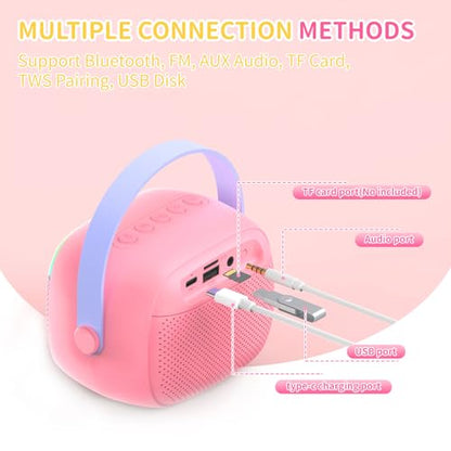 Mini Karaoke Machine with 2 Wireless Microphones for Kids Portable RGB Bluetooth Speaker Birthday Gift Toys for 3 4 5 6 7 8+ Year Old Girls Boys - color: Pink