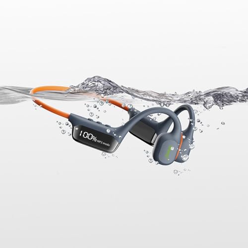 IHAO Swimming Headphones True Bone Conduction Open Ear Headset MP3 Player Built-in 32G Memory IP68 Underwater Waterproof Stereo Bluetooth Earphone for Driving Bicycling Running Skiing-Grey - color: Swim Headphone Grey