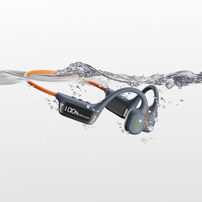 IHAO Swimming Headphones True Bone Conduction Open Ear Headset MP3 Player Built-in 32G Memory IP68 Underwater Waterproof Stereo Bluetooth Earphone for Driving Bicycling Running Skiing-Grey - color: Swim Headphone Grey