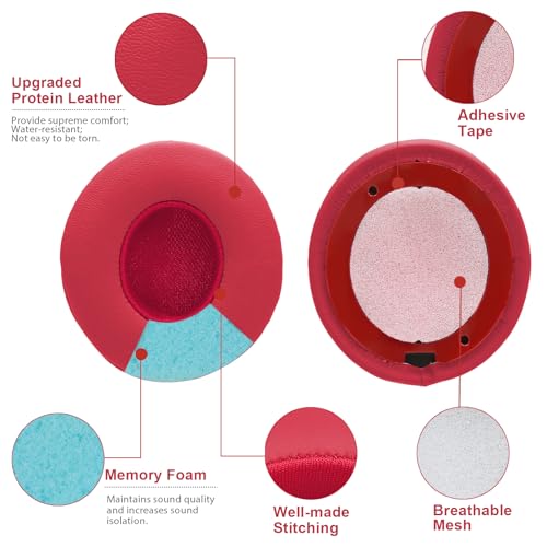 Earpad Cushions Covers for Beats Solo 2 Solo 3 (B0534/A1796) Wired Wireless Headphones with Noise Isolation Memory Foam and Protein Leather Sweat-Proof (Red)