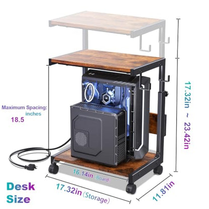 Computer Tower Stand with Charging Station, for Small and Mid-Tower PCs | Height Adjustable PC Stand with Wheel, CPU Holder with 2 AC Outlets + 2 USB Ports, 2-Tier Storage, Durable Metal Frame - color: Brown