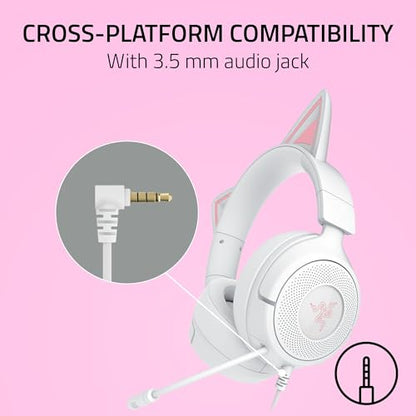 Razer Kraken Kitty V3 X Wired Gaming Headset, Kitty Ears, White | HyperClear Cardioid Mic, 40 mm Drivers, 7.1 Surround Sound, Comfy Ear Cushions, Cross-Platform via 3.5mm PC, PS5, Xbox - color: Mercury White