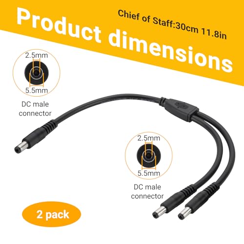 CENSHI 2-Pack 12V/24V DC Power Splitter Cable 5.5x2.5mm 1 Male to 2 Male | 1Ft 18AWG Pure Copper DC5525 Y Splitter Cord, for LED Light Strips, Router, CCTV Camera, Solar Monitor - size: 1 Male to 2 Male