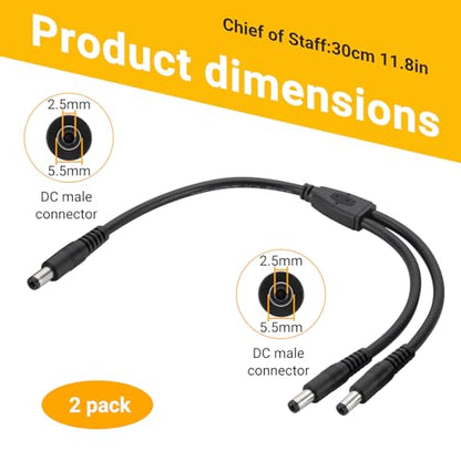 CENSHI 2-Pack 12V/24V DC Power Splitter Cable 5.5x2.5mm 1 Male to 2 Male | 1Ft 18AWG Pure Copper DC5525 Y Splitter Cord, for LED Light Strips, Router, CCTV Camera, Solar Monitor - size: 1 Male to 2 Male
