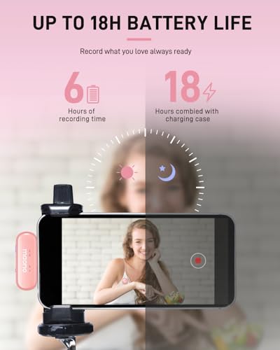 MAONO Wireless-Lavalier-Microphone for iPhone iPad, Wireless Lapel Mic with 48KHz/16Bit, Noise Cancellation, 328ft Range, 18H Battery for TikTok, YouTube, Vlogging, Video Recording, Streaming (Pink)