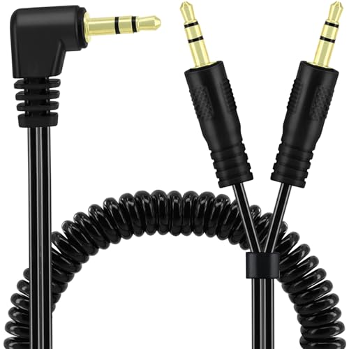 Yeebline 90 Degree 3.5mm Male to 2 Male Audio Splitter Coiled Cable, 2 Way 1/8" TRS Spring Aux Y Splitter Cord for Headphone and Speaker Sharing, Compatible with Phones, Laptops