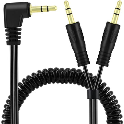 Yeebline 90 Degree 3.5mm Male to 2 Male Audio Splitter Coiled Cable, 2 Way 1/8" TRS Spring Aux Y Splitter Cord for Headphone and Speaker Sharing, Compatible with Phones, Laptops