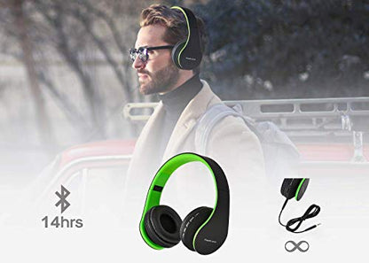 PowerLocus Wireless Bluetooth Over-Ear Stereo Foldable Headphones, Wired Headsets Rechargeable with Built-in Microphone for iPhone, Samsung, LG, iPad (Black/Green) - color: Black/Green