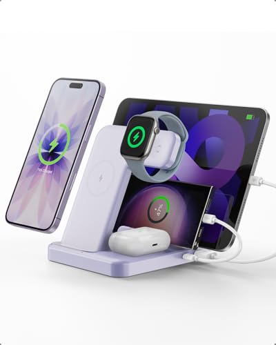 Multiple Devices Charging Station, 5-in-1 Charging Station for iPhone 17 Pro Max/Pro/Plus/16/15/14/13/12, iPad Pro/Air/Mini, Apple Watch and Airpods,Wireless Charging Dock(G805) (Lavender) - color: Lavender