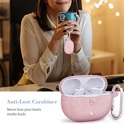 AIRSPO Silicone Case Compatible with Beats Studio Buds Case 2021 Soft Protective Cover for Beats Wireless Earbuds with Keychain (Glittery Rose Gold) - color: Glittery Rose Gold
