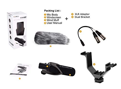 CVM-V30 PRO BLACK Super-Cardioid Directional Electric Condenser Shotgun Camera & Video Microphone for Canon Nikon Sony Panasonic Fujifilm Olympus DSLR Camera for Both 3.5mm & XLR + Dual Bracket