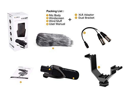 CVM-V30 PRO BLACK Super-Cardioid Directional Electric Condenser Shotgun Camera & Video Microphone for Canon Nikon Sony Panasonic Fujifilm Olympus DSLR Camera for Both 3.5mm & XLR + Dual Bracket