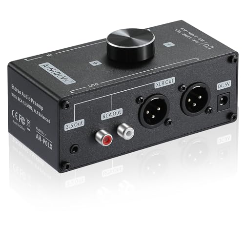 Stereo Audio Preamplifier - XLR Balanced RCA 3.5mm Input to XLR Balanced RCA 3.5mm Output Converter Adapter amp - Headphone Amplifier, Gain 20dB Phono Turntable Phonograph Preamp (Black)