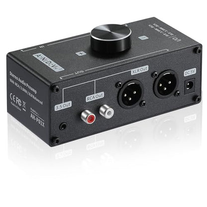 Stereo Audio Preamplifier - XLR Balanced RCA 3.5mm Input to XLR Balanced RCA 3.5mm Output Converter Adapter amp - Headphone Amplifier, Gain 20dB Phono Turntable Phonograph Preamp (Black)