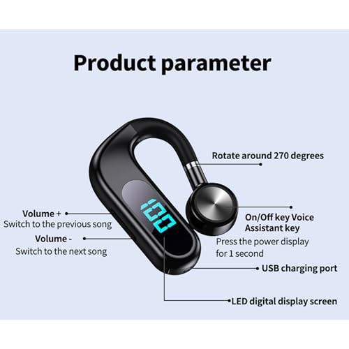 Bluetooth Headset,Open Ear Bluetooth Single Earpiece with Noise Canceling Mic,Wireless Earbud with LED Display, 48Hrs Playtime Hands-Free Earhook Headphone for Office Business Driving Sport(black)