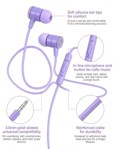 2-Pack Teens Wired Earbuds Set with Glitter Case, School Headphones | GOGOSINIS 2-pack Wired Student Earbuds with Glitter case, 3.5mm Headphones,Mini Carabiner Clip for School Backpacks - color: Diamond Pink-purple
