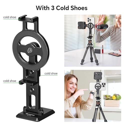 FANAUE Cell Phone Tripod Mount, Magnetic Aluminum Smartphone Stand Adapter with Cold Shoe Arca Swiss QR Base Plate,1/4" & 3/8'' Screw Phone Holder Mount for Video Live Streaming Vlogging