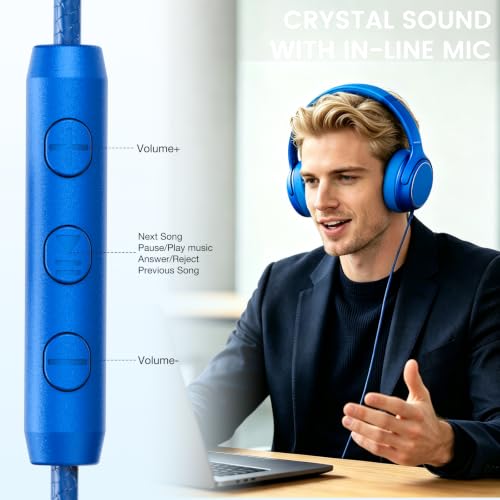 USB C Wired Over-Ear Headphones with Microphone | Volume Control, Share Port, Adjustable Headband Foldable Stereo Headset for Adult/Teens for iPhone 16, Laptop, Gaming, Travel - color: Sky Blue